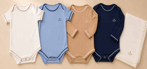 Coleção Clair Baby com bodies off-white, azul, caramelo e marinho
